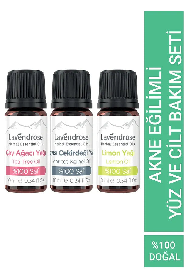 Akne Eğilimli Yüz Cilt Bakım Uçucu Yağ Aromaterapi Set | Saf Çay Ağacı, Limon, Kayısı Çekirdeği Yağları - Acne Prone Facial Skin Care Essential Oil Aromatherapy Set