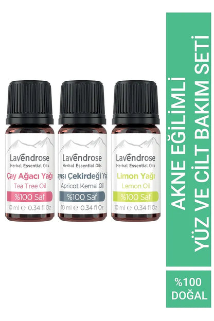 Akne Eğilimli Yüz Cilt Bakım Uçucu Yağ Aromaterapi Set | Saf Çay Ağacı, Limon, Kayısı Çekirdeği Yağları - Acne Prone Facial Skin Care Essential Oil Aromatherapy Set