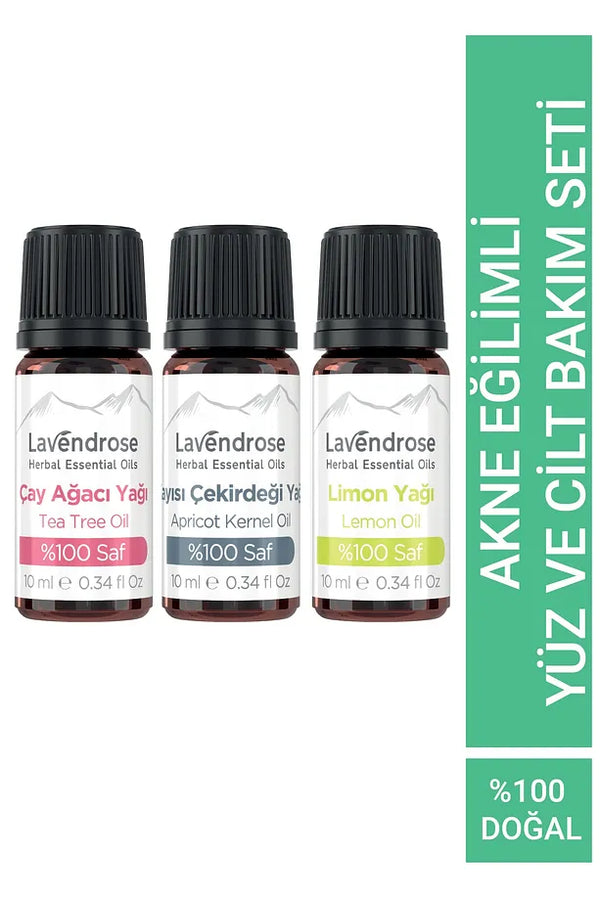 Akne Eğilimli Yüz Cilt Bakım Uçucu Yağ Aromaterapi Set | Saf Çay Ağacı, Limon, Kayısı Çekirdeği Yağları - Acne Prone Facial Skin Care Essential Oil Aromatherapy Set